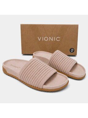 Vionic Evie Supportive Ribbed Knit Slide Sandal Rugby Tan Women 7 Arch Support